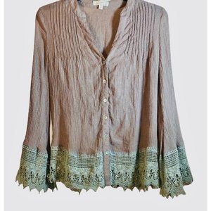 Dani Long Sleeve Boho Button Up Gauze Crinkle & Lace Top
